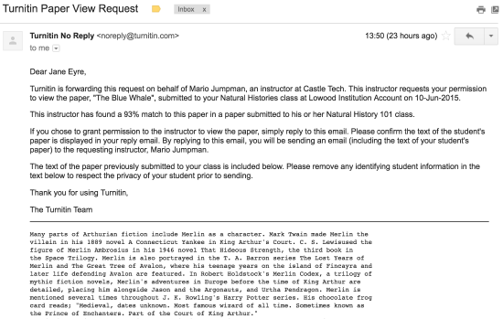 Δείγμα οθόνης: Turnitin - Paper View Request Email